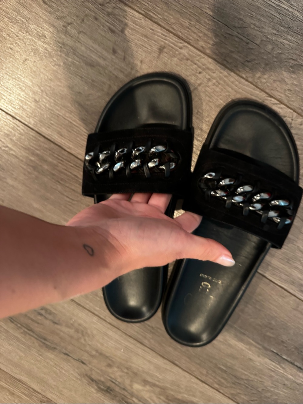 Valentino Black Slide Sandals with Silver Chain